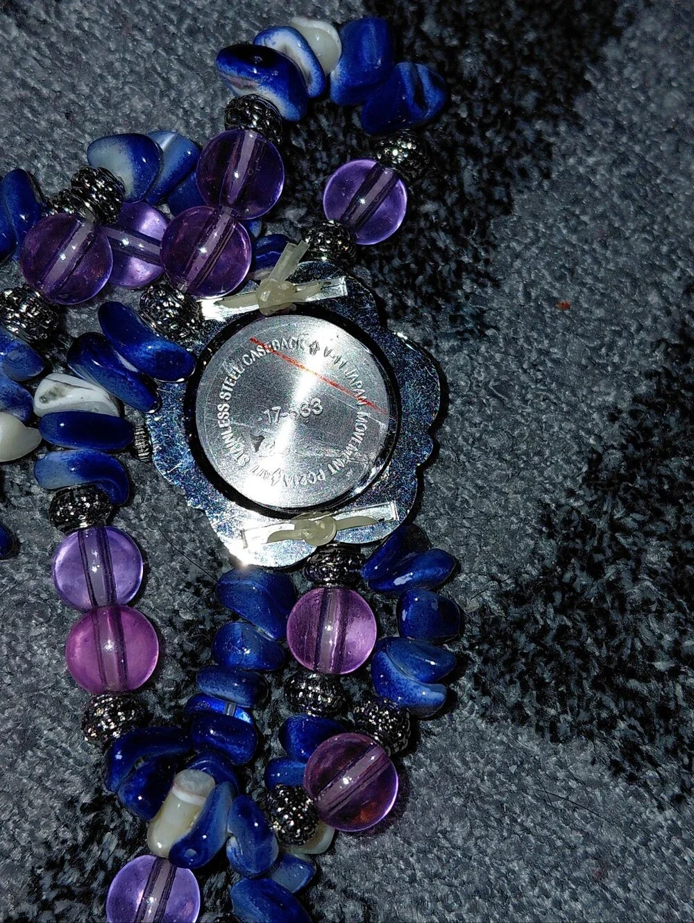Vintage Boho Beaded Bracelet Watch Blue Stone Pink Glass Silver Floral Quartz CC